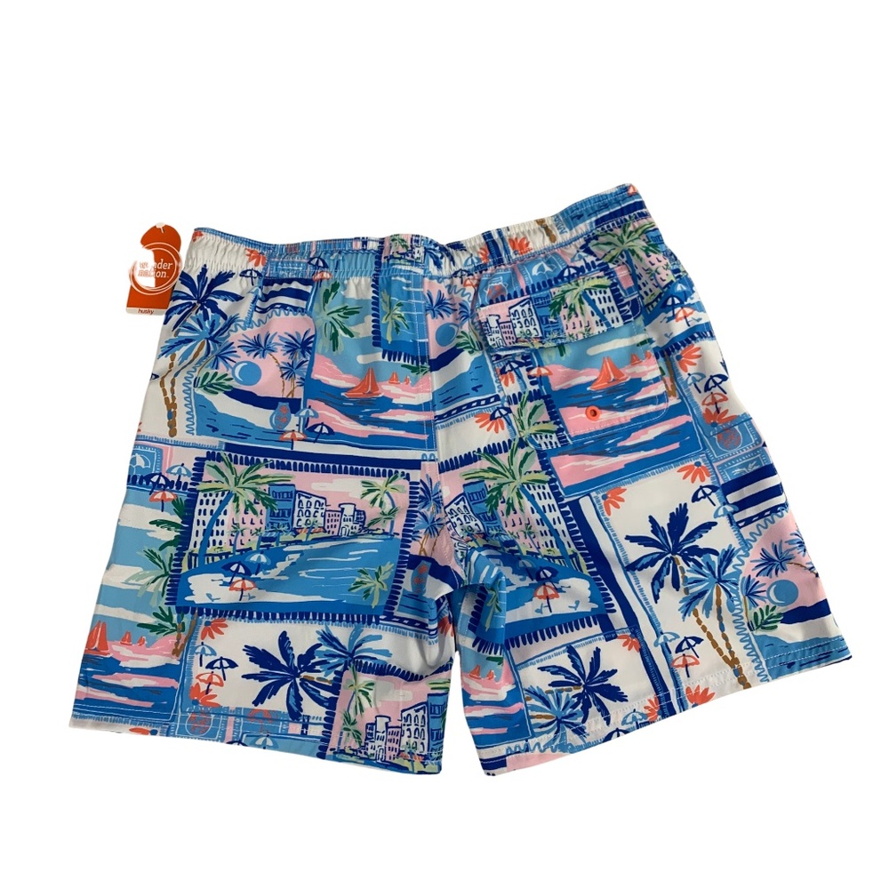 Tropical City Scape Swim Trunks Boy's  L Husky Vacation Resortwear
